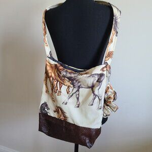 Western Horse Print Tote Bag Brown Tooled Faux Leather Base Boho Shoulder